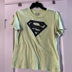 Under Armour semi- fitted heat gear Superman shirt. Size medium. Neon yellow.